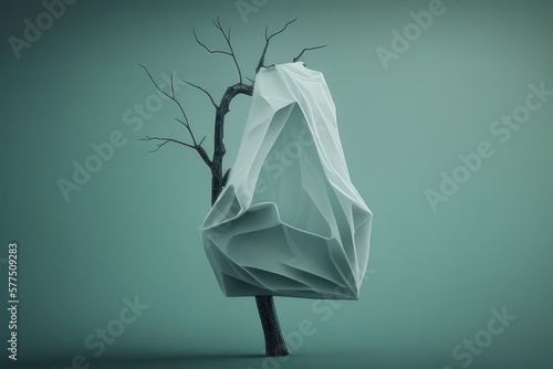 plastic bag drifting in the wind, caught in tree branch It serves as reminder of how our carelessness can have unintended consequences AI generation. photo