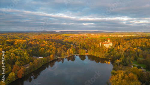 Konopiste medieval castle and Konopistsky water reservoir. Benesov, Czech Republic. Aerial view from drone.