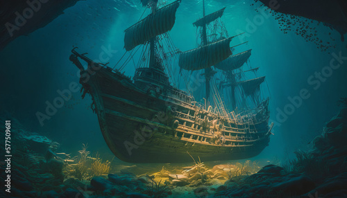 Ancient ship in the underwater Generative AI. Fantasy landscape.