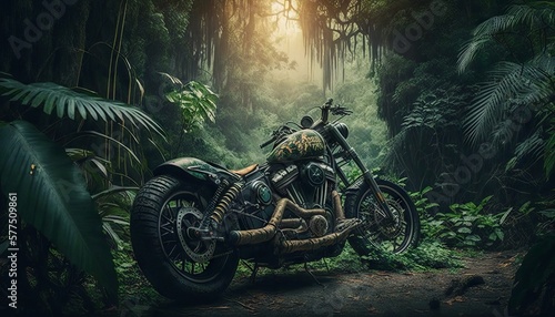 Vintage chopper motorbike in the jungle. Generative AI