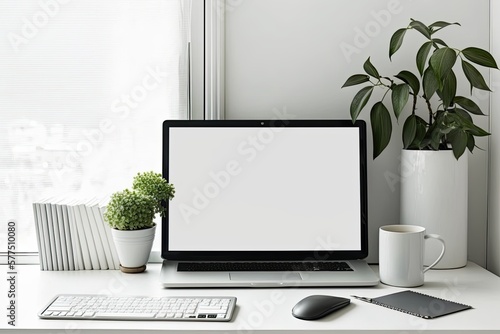 Laptop showing blank screen on a white wooden desk with a white poster and accessories. Generative AI