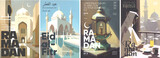 Ramadan. Set of vector illustrations. Typographic poster design and watercolor art on background.