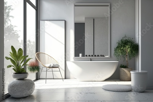 Minimalistic bathroom interior with a white wooden floor  a white bathtub with a shower and a small chair with shampoo on it. mock up. Generative AI