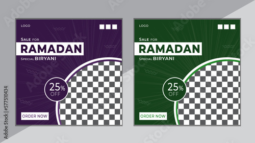 Fast food social media post design template for restaurant, Super Delicious biryani, Square banner with purple and green gradient background. Ramadan special biryani online sale promotion