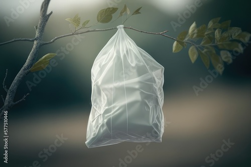 plastic bag  caught in the branches of tree  serves as haunting symbol of the pervasive reach of waste and pollution AI generation.