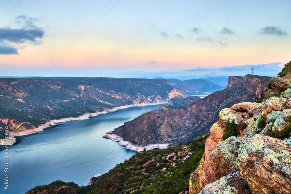 dam in the morning at blue hour, mountains with desertic vegetation, zimapan hidalgo	