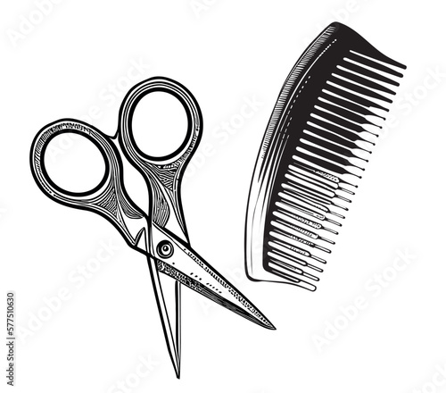 Scissors and combing hair sketch hand drawn in doodl style illustrations hairdresser