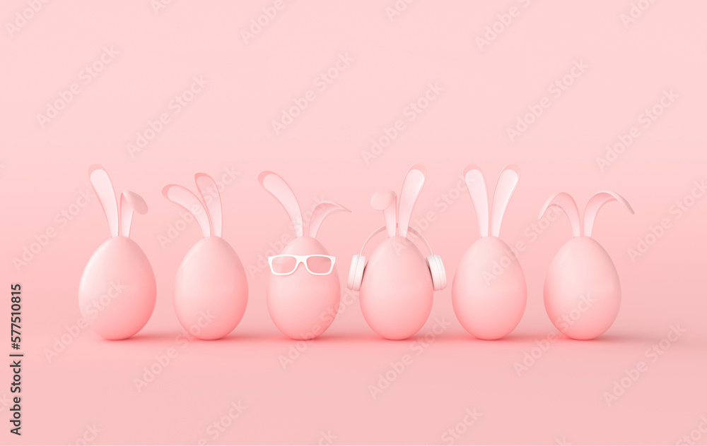Easter egg with rabbit ears, glasses on pink background. Happy Easter big hunt or sale banner, mockup template. April holiday - Easter. 3d render