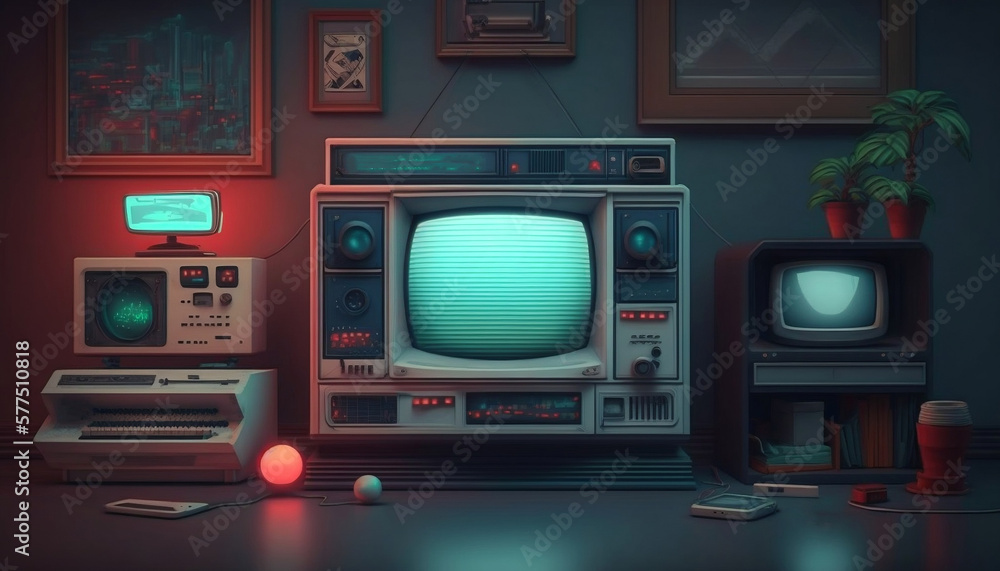 Fototapeta premium The cozy atmosphere of a room in the style of the 80s, analog TV, turntables and a taste of childhood. Nostalgia for the past