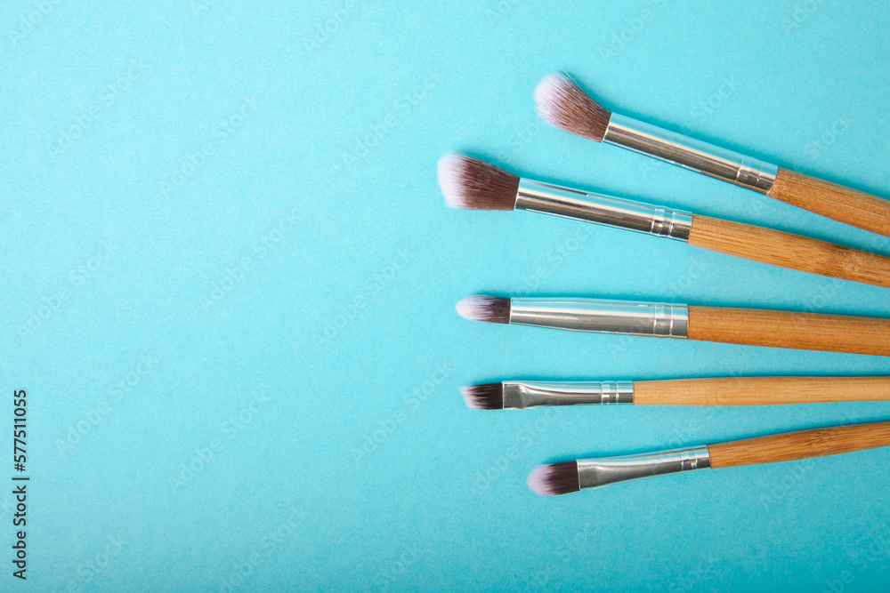 Set of cosmetic brushes on a blue background. Makeup brushes. Makeup tool. Beauty concept.Professional brushes for applying cosmetics eyeshadows, make-up powder. Place for text. Copy space. Flat lay. Set of cosmetic brushes on a blue background. Makeup brushes. Makeup tool. Beauty concept.Professional brushes for applying cosmetics eyeshadows, make-up powder. Place for text. Copy space. Flat lay.