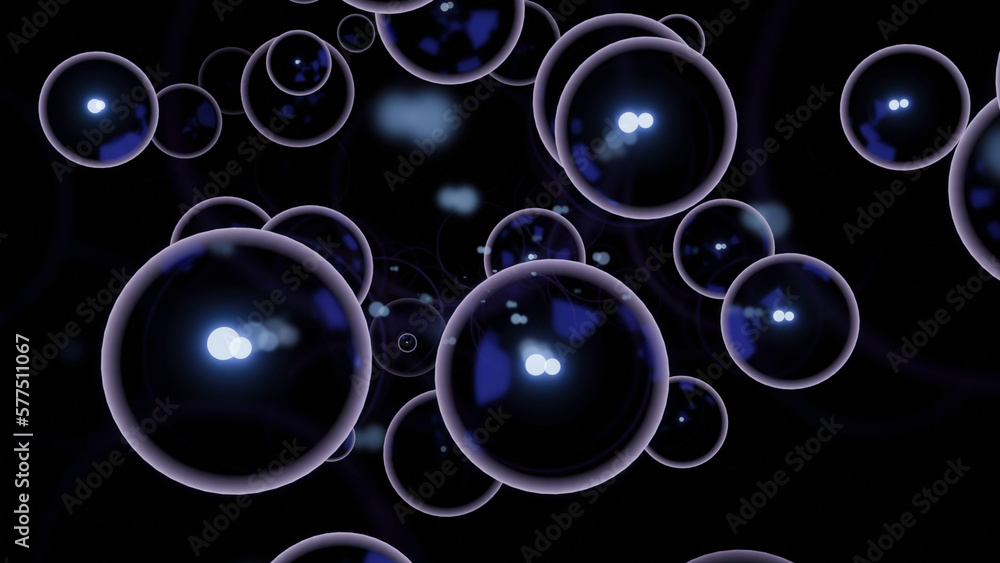 Black background. Design. Large white bubbles in animation on a dark background scatter in different directions.