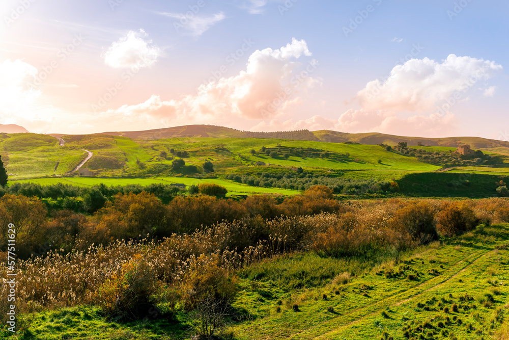 green landscape of spring field with green young grass and amazing hills on background green landscape of spring field with green young grass and amazing hills on background