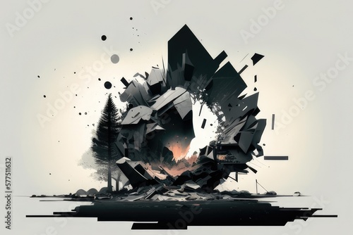 Shattered rubble, charred remains, acrid smoke - the aftermath of an explosion;, concept, AI generation. photo