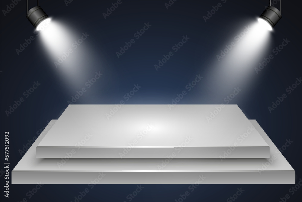 Obraz premium Podium, pedestal or platform, illuminated by spotlights in the background. Vector illustration. Bright light. Light from above. Advertising place 