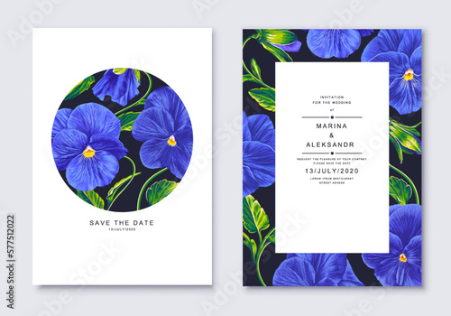 Blue Pansies realistic floral design with green leaves. Vector spring minimalist banner illustration. Wedding modern invitation, fancy framed card, luxury design, template for posts, posters, ads