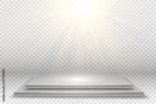 Podium, pedestal or platform, illuminated by spotlights in the background. Vector illustration. Bright light. Light from above. Advertising place
