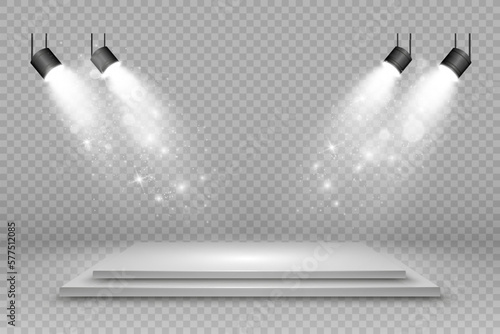 Podium, pedestal or platform, illuminated by spotlights in the background. Vector illustration. Bright light. Light from above. Advertising place
