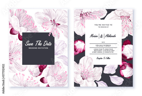 Templates minimalistic cards, wedding invitations, flyers, packaging design with floral spring design. White pink sakura blossoms on dark background. Realistic, hand-drawn vector flowers, high details