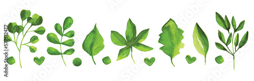 Green leaves  with green hearts watercolor set. photo