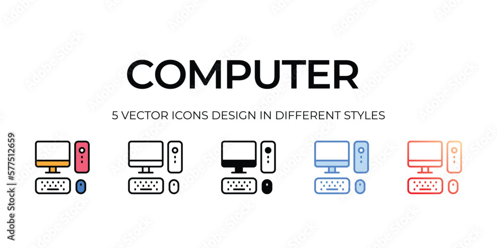 computer Icon Design in Five style with Editable Stroke. Line, Solid, Flat Line, Duo Tone Color, and Color Gradient Line. Suitable for Web Page, Mobile App, UI, UX and GUI design. computer Icon Design in Five style with Editable Stroke. Line, Solid, Flat Line, Duo Tone Color, and Color Gradient Line. Suitable for Web Page, Mobile App, UI, UX and GUI design.