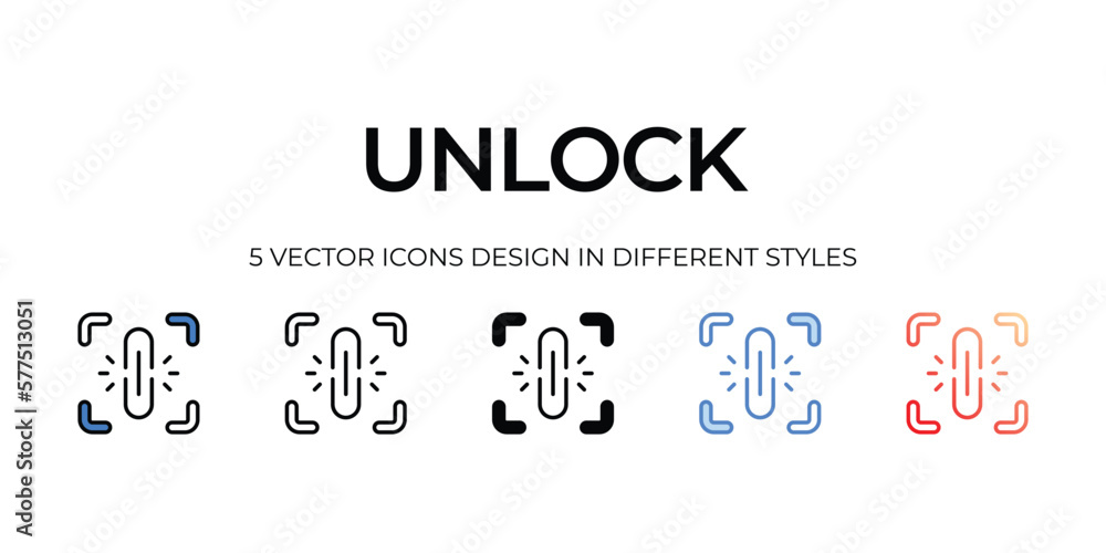 unlock Icon Design in Five style with Editable Stroke. Line, Solid, Flat Line, Duo Tone Color, and Color Gradient Line. Suitable for Web Page, Mobile App, UI, UX and GUI design.