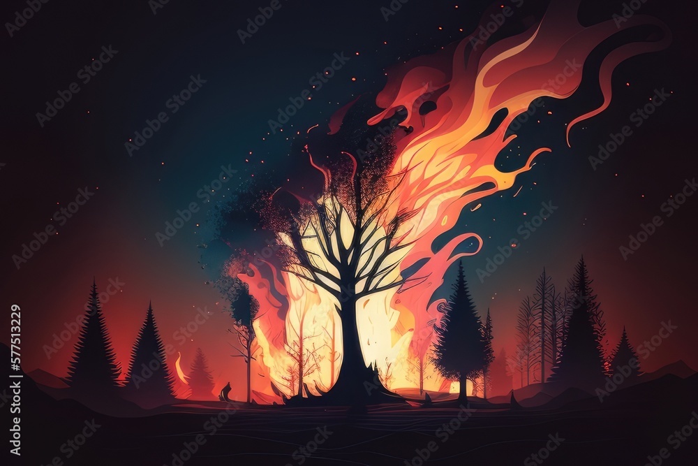 raging wildfire consuming a forest, with smoke billowing into the sky and flames leaping from tree to tree, concept, AI generation.