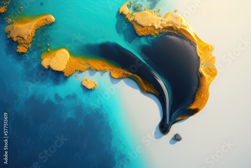 Oil Spill  aerial view of an oil spill in the ocean  with sheen of oil covering the water and threatening marine life AI generation.