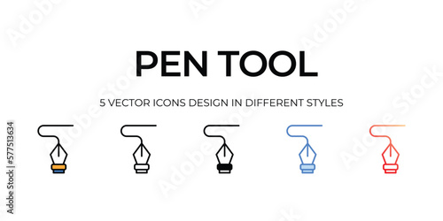 pen tool Icon Design in Five style with Editable Stroke. Line  Solid  Flat Line  Duo Tone Color  and Color Gradient Line. Suitable for Web Page  Mobile App  UI  UX and GUI design.