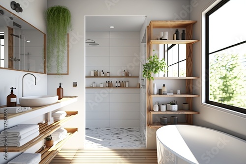 Fototapeta Interior shot of a contemporary bathroom with a hardwood tub, a glass shower enclosure, and shelves holding personal care items