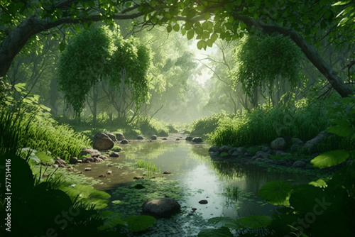 river in the middle of the forest, Generative AI