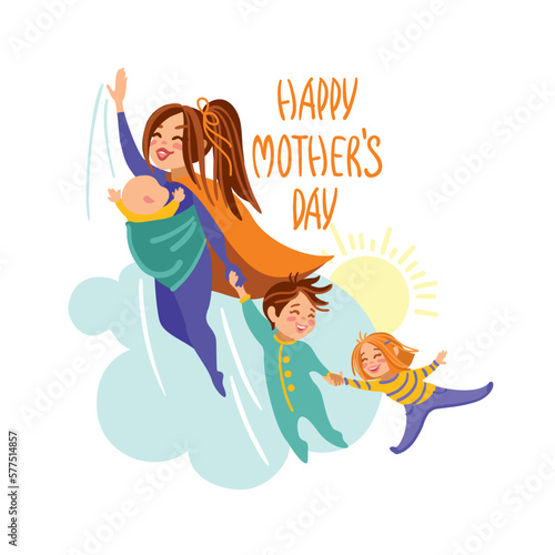 Mother's day. Super mom and her kids are flying in the sky. Funny illustration. Vector.