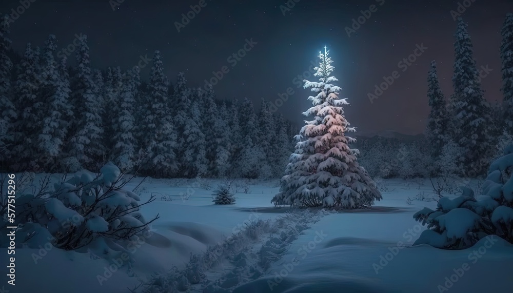  a snow covered forest with a lit christmas tree in the foreground.  generative ai