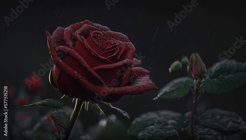  a single red rose with rain drops on it's petals.  generative ai