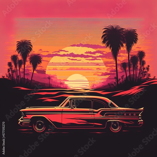 Retro sunset travel background illustration, Generative AI