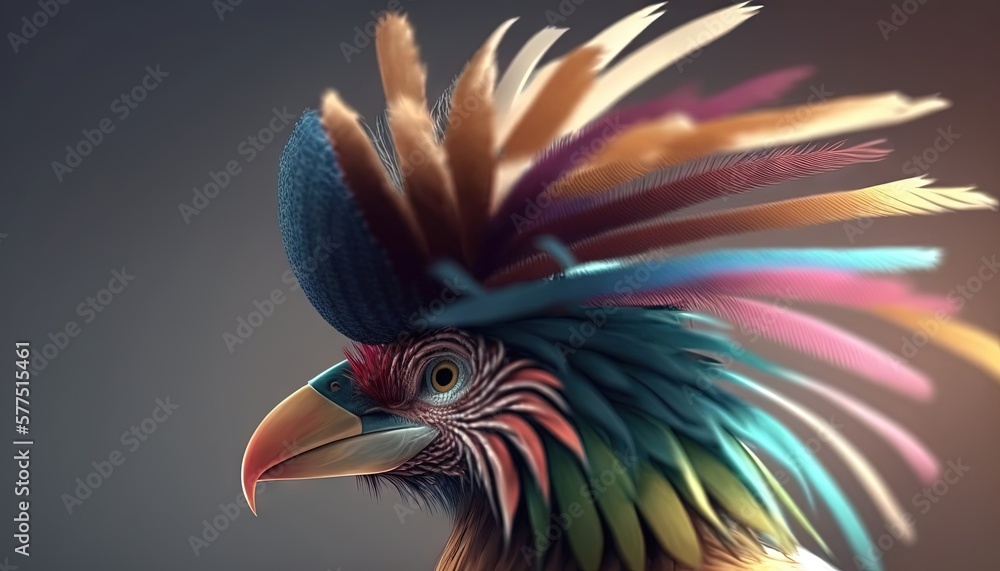  a multicolored bird with a black beak and long feathers.  generative ai