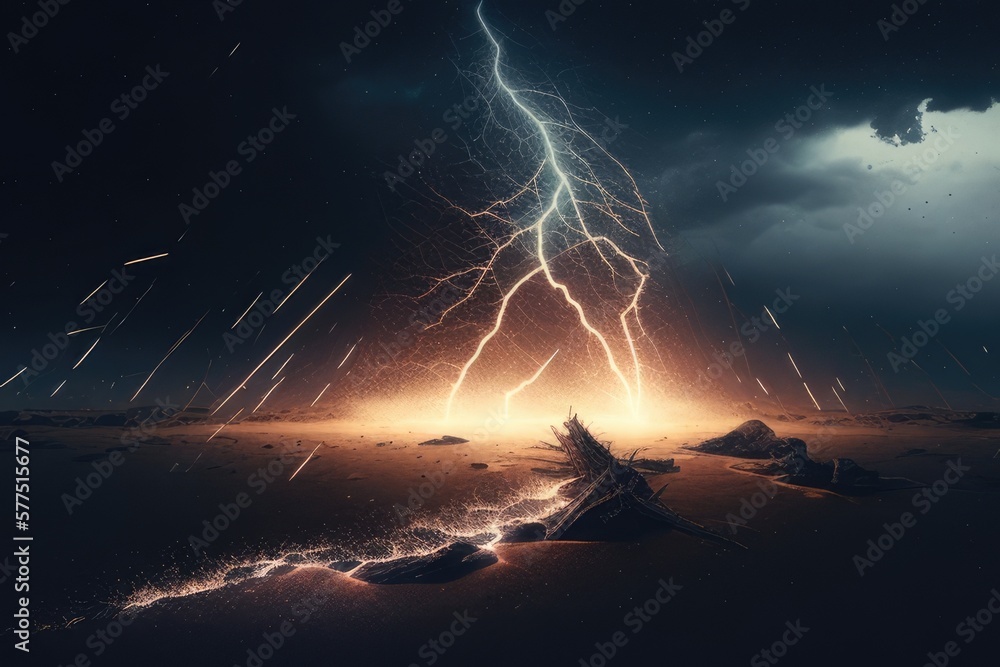 lightning storm lighting up the night sky, with bolts of lightning striking the ground and illuminating the surroundings, concept, AI generation.