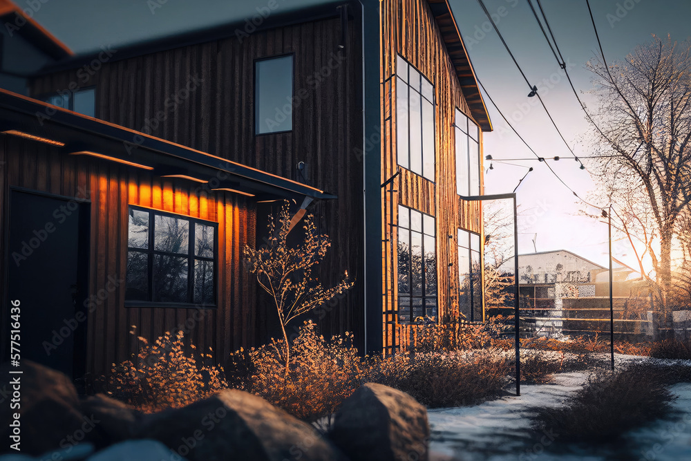 Exterior of modern house with large panoramic windows. Living building facade. Created with Generative AI Exterior of modern house with large panoramic windows. Living building facade. Created with Generative AI