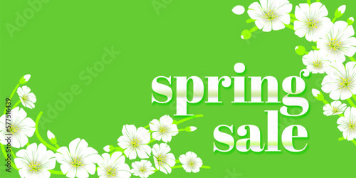 horizontal decorative composition with white spring flowers on a green background, the text "SPRING SALE" and a place for additional information