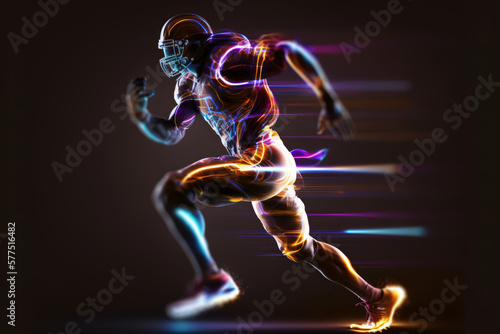 American football player with bright glowing abstract lines. Generative ai