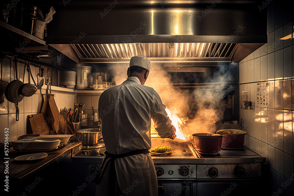 Chef cooking in restaurant kitchen interior. Back view of man in chef robe and hat cooks food on stove, an open flame in frying pan. Created with Generative AI Chef cooking in restaurant kitchen interior. Back view of man in chef robe and hat cooks food on stove, an open flame in frying pan. Created with Generative AI