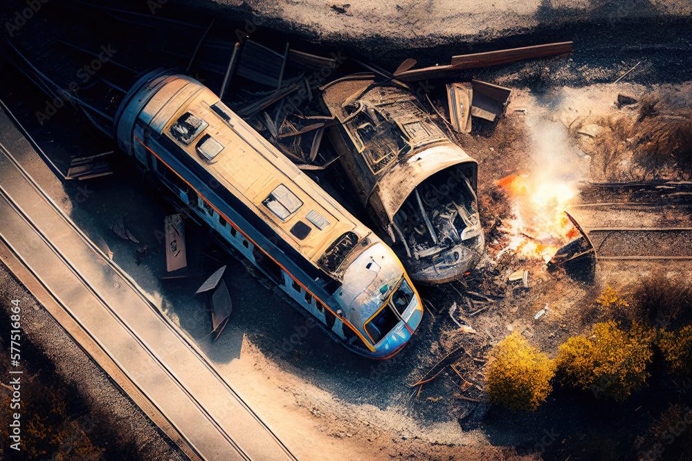 Obraz premium Passenger train crash accident, aerial view. Broken wagons and damaged locomotive on the railway. Created with Generative AI