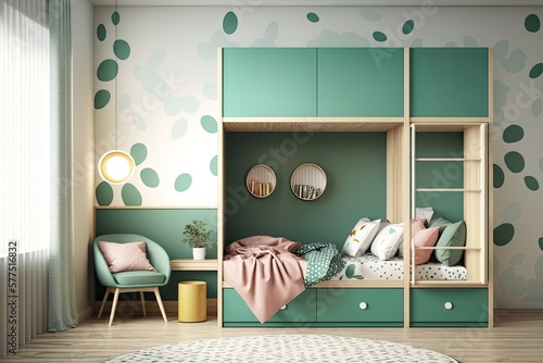 Kids Bedroom Design With Bunk Bed Cabinet. , illustration. Generative AI