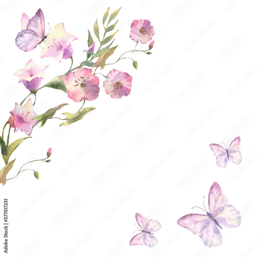 Watercolor Field flowers, bluebell flower and bindweed bouquet and butterfly, isolated on white background. Template for design with empty space for text