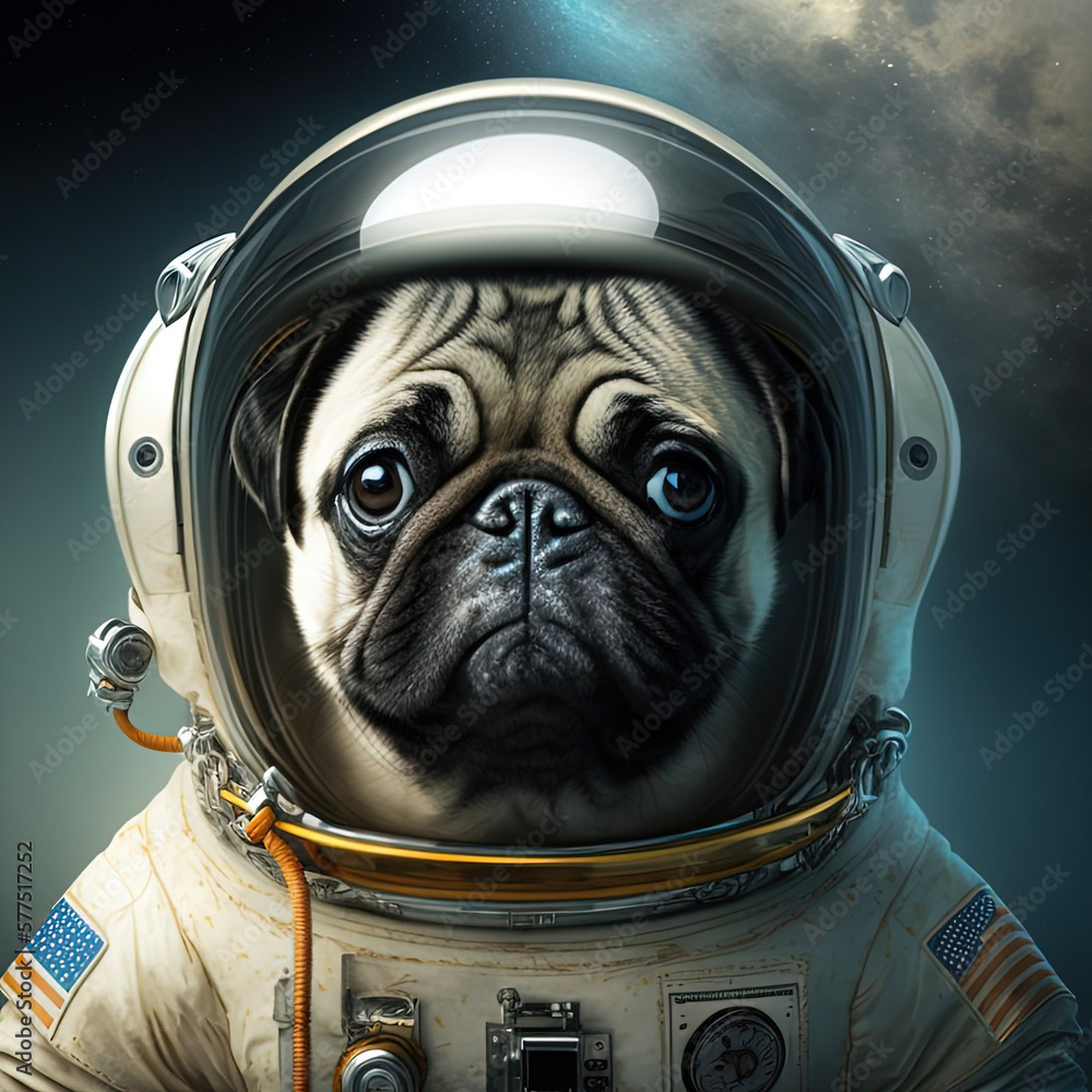 Pug dog as an astronaut created with Generative AI technology.