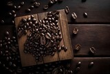 Roasted coffee beans spilled on a wooden table, background, Generative AI