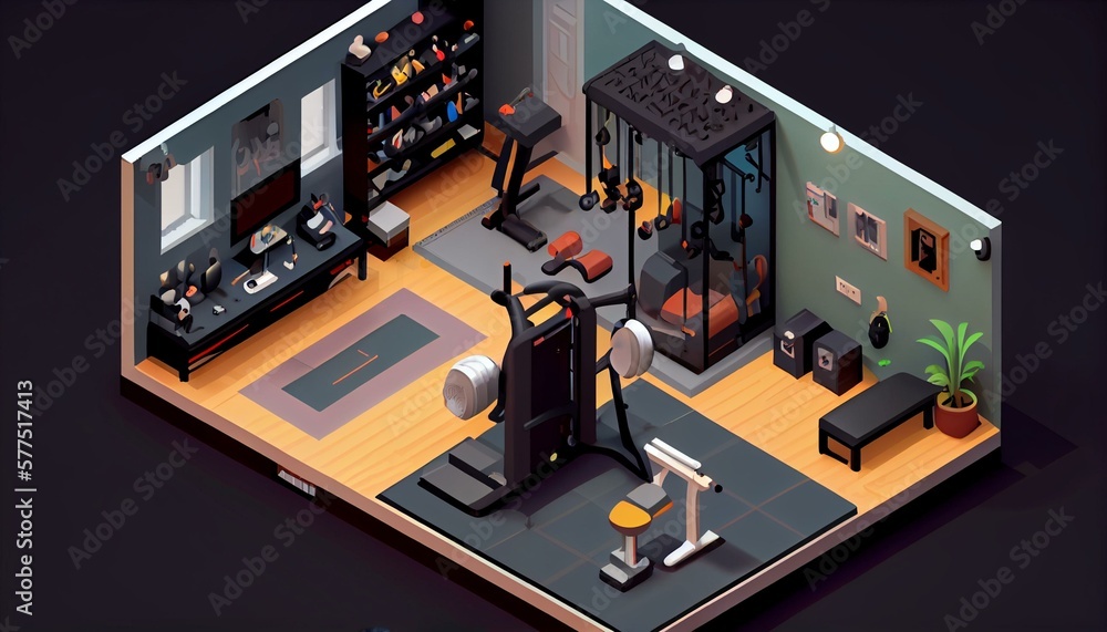 An isometric view of a home gym with smart exercise equipment and personalized workout plans. Generative AI