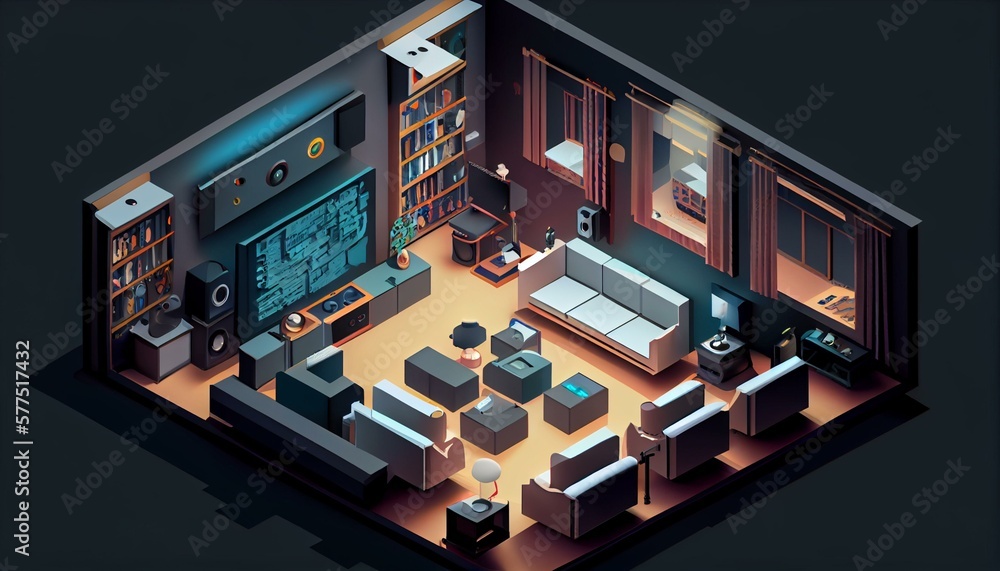 An isometric view of a home theater with a smart projector and surround sound system. Generative AI An isometric view of a home theater with a smart projector and surround sound system. Generative AI