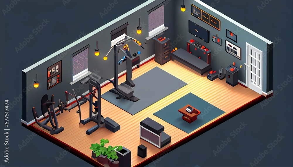 An isometric view of a home gym with smart exercise equipment and personalized workout plans. Generative AI