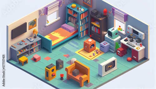 An isometric view of a playroom with smart toys and games that adapt to your child's age. Generative AI