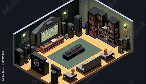 An isometric view of a home theater with a smart projector and surround sound system. Generative AI